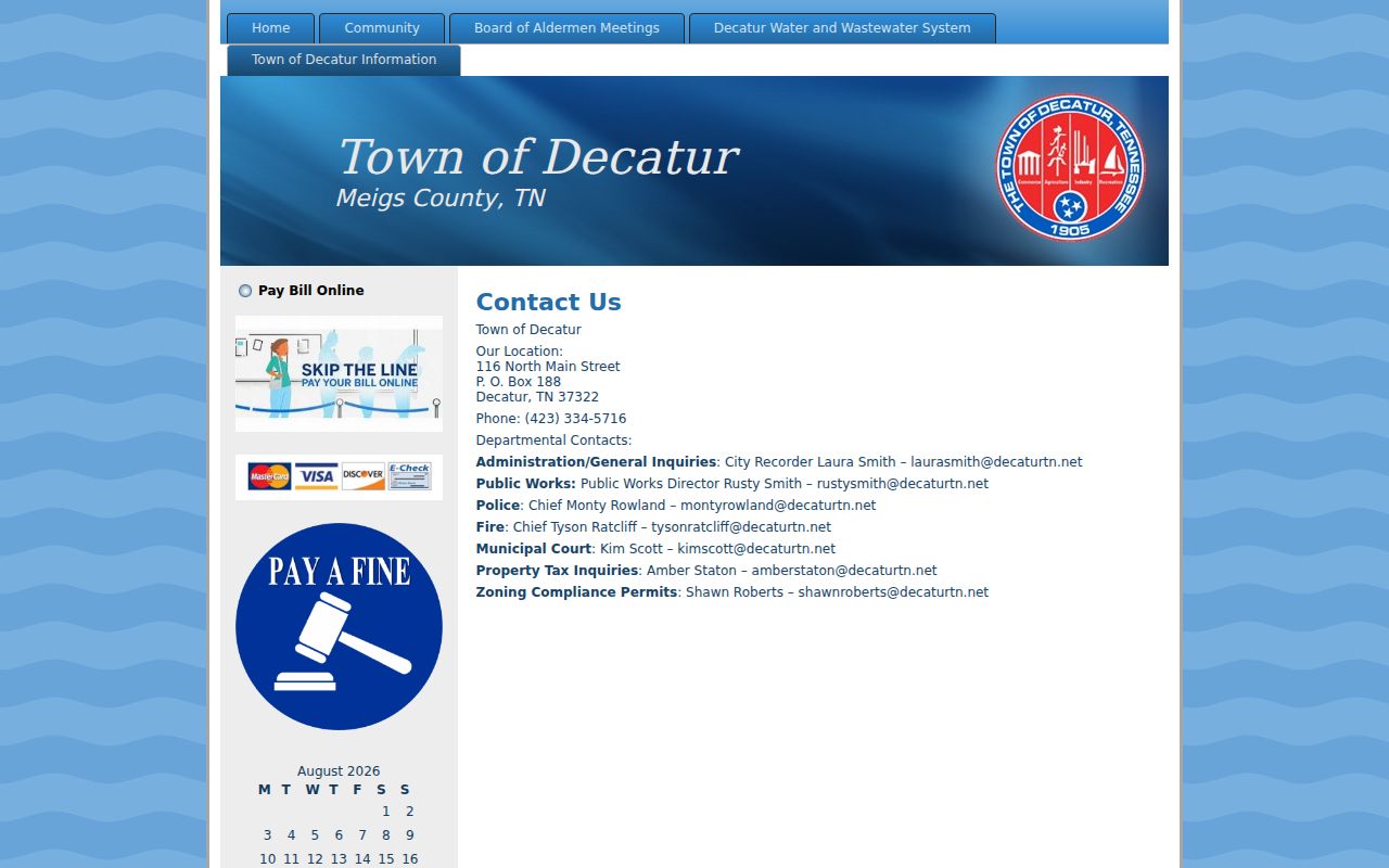 Decatur criminal records contact page for Town Hall